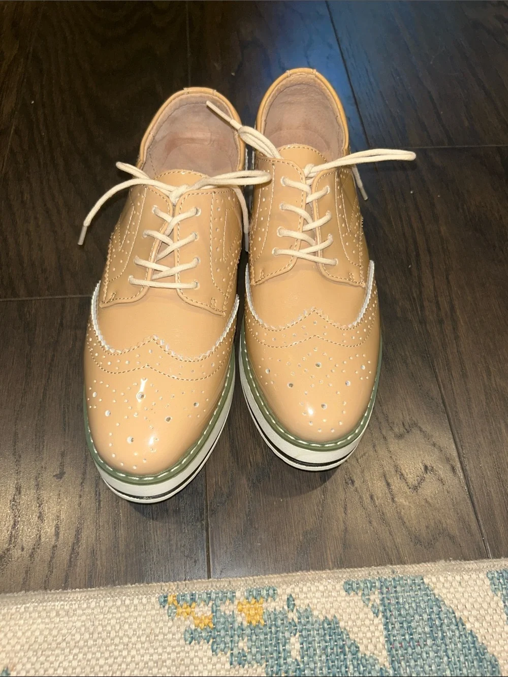 Platform Wingtip Derby Oxfords in Tan Patent